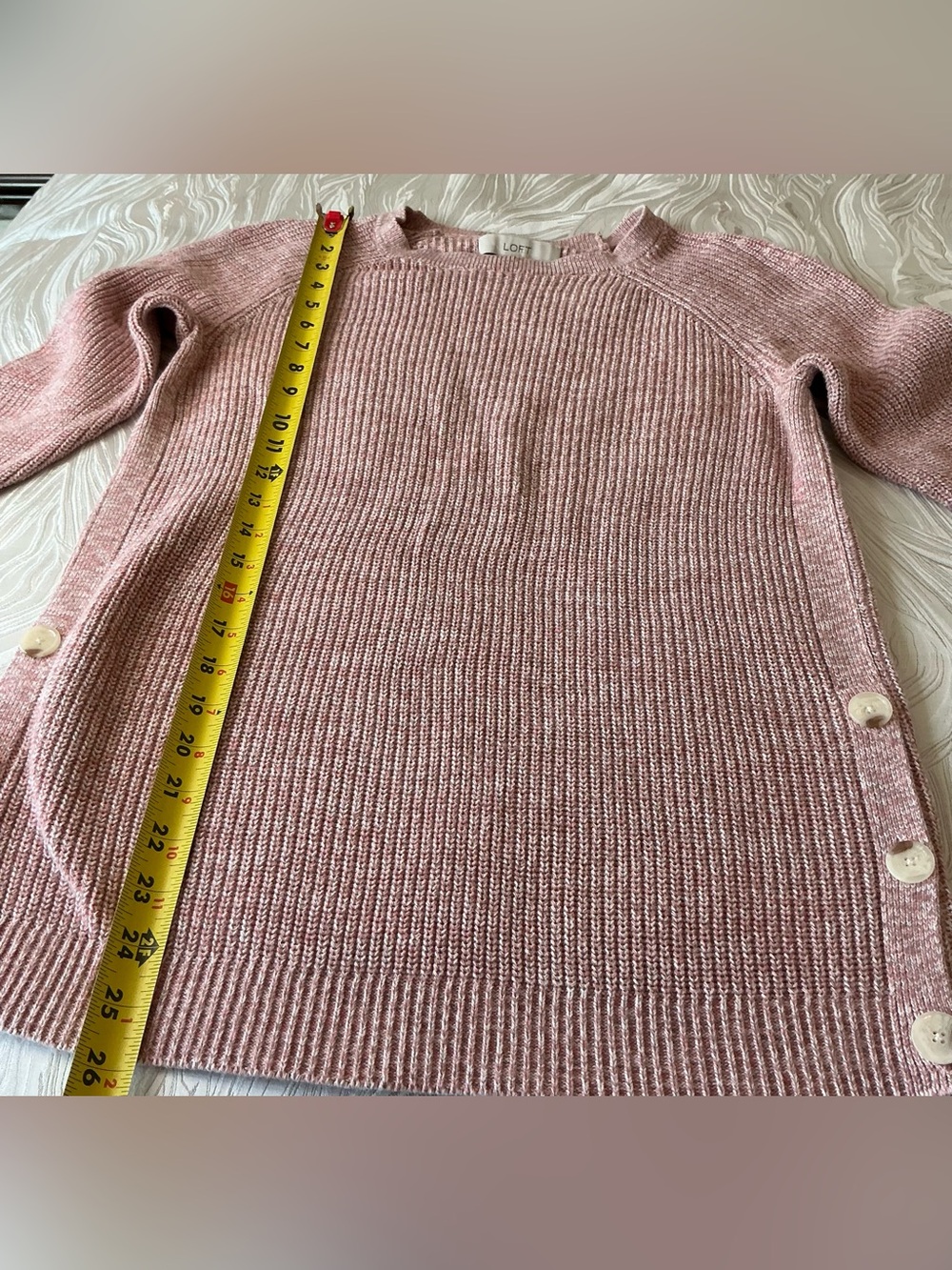 LOFT COTTON SIDE BUTTON SWEATER BLUSH PINK  (size S) - Picture 4 of 6